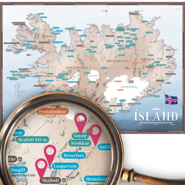 Mapa Islandii turystyczna – podgląd czytelności i atrakcji (lupa, detal mapy)