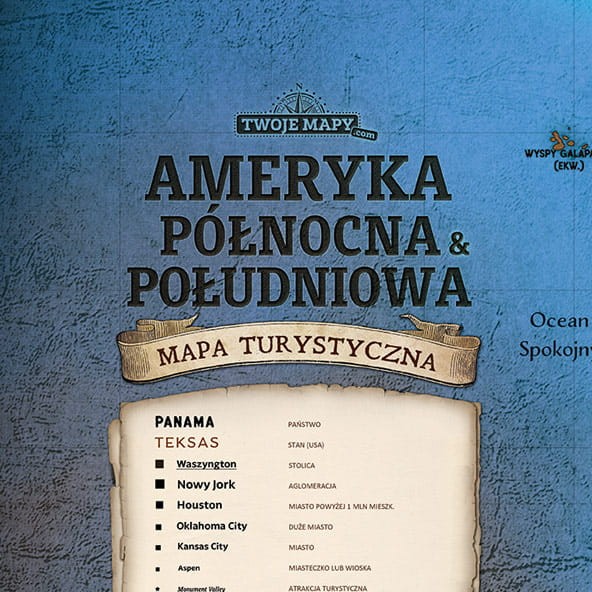 Ameryka Północna i Południowa – tytuł i legenda mapy turystycznej (detal)