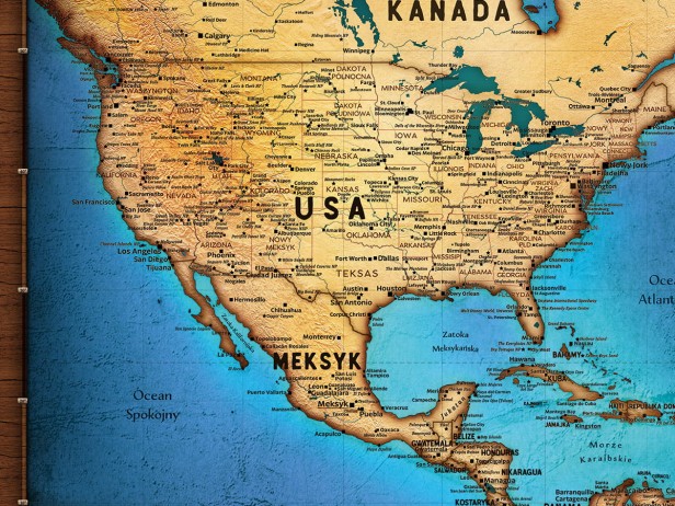 USA, Kanada i Meksyk na turystycznej mapie Ameryk – detal, wysoka czytelność nazw