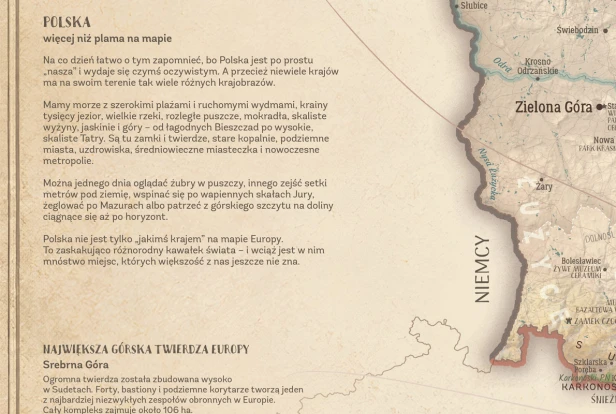 Fragment mapy z tekstem o różnorodności Polski oraz ciekawostkami dotyczącymi geografii, przyrody i atrakcji turystycznych.