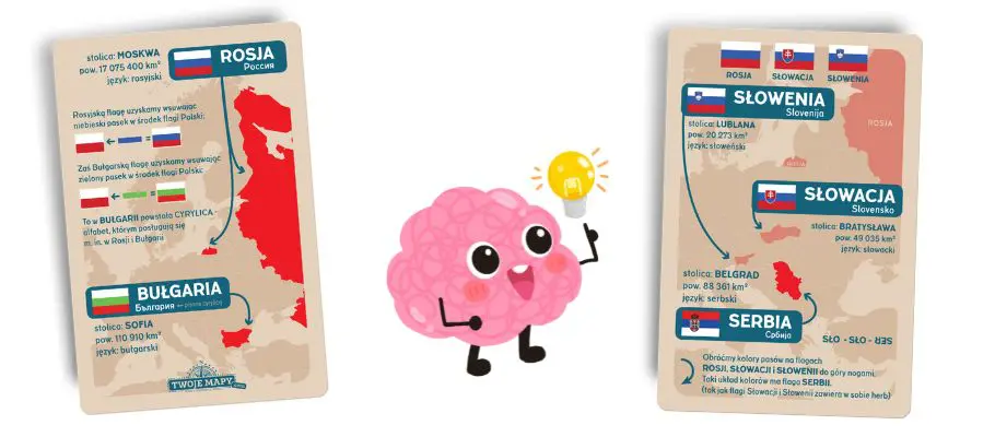 Karty z talii "Skojarz To! FLAGI" przedstawiające flagi Rosji, Słowacji, Słowenii i Serbii
