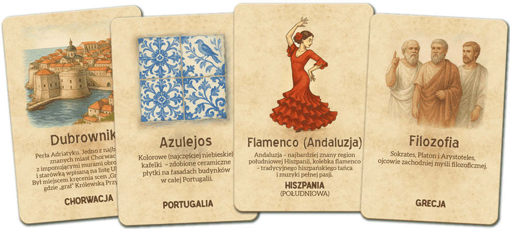 Przykładowe karty z gry "Boso Przez Europę"