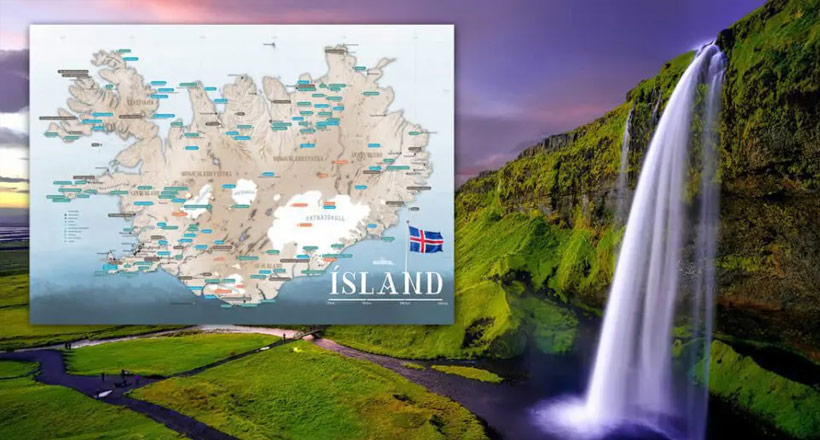 Mapa Islandii oraz islandzki wodospad