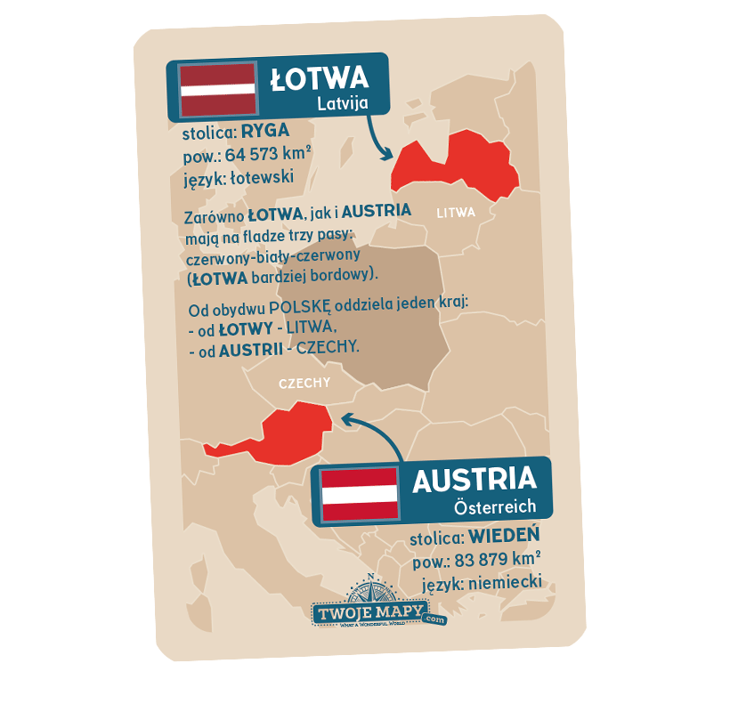 Karta z flagami Austrii i Łotwy - podobieństwa