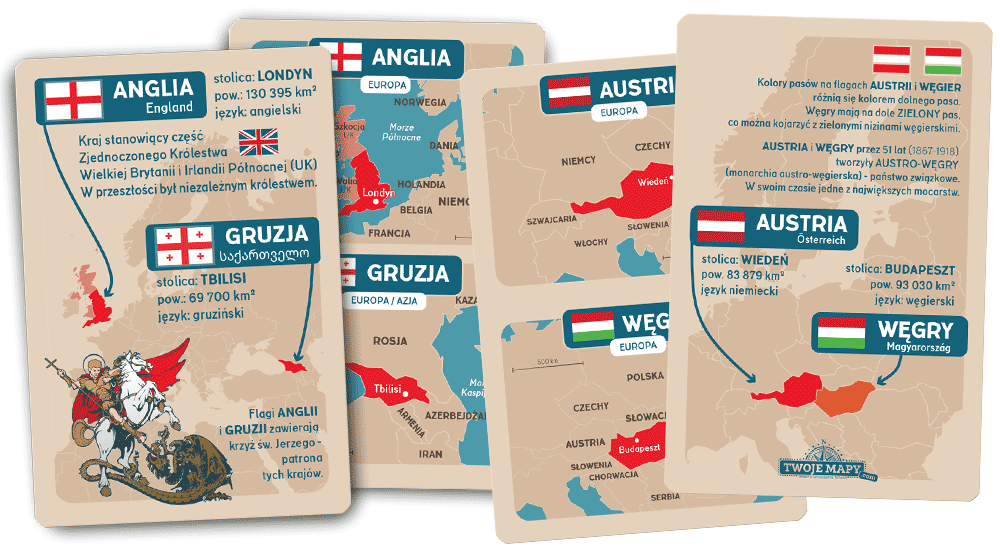 Karty z talii "Skojarz To! FLAGI" uczące flag i geografii poprzez porównania i skojarzania