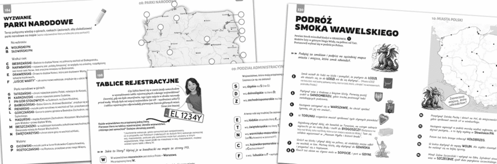 Kilka stron z książki o geografii Polski - "POLSKA w małym paluszku"