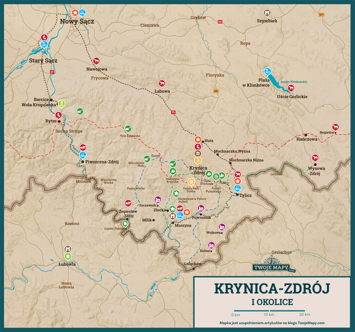 Mapka atrakcji: Krynica Zdrój i okolice