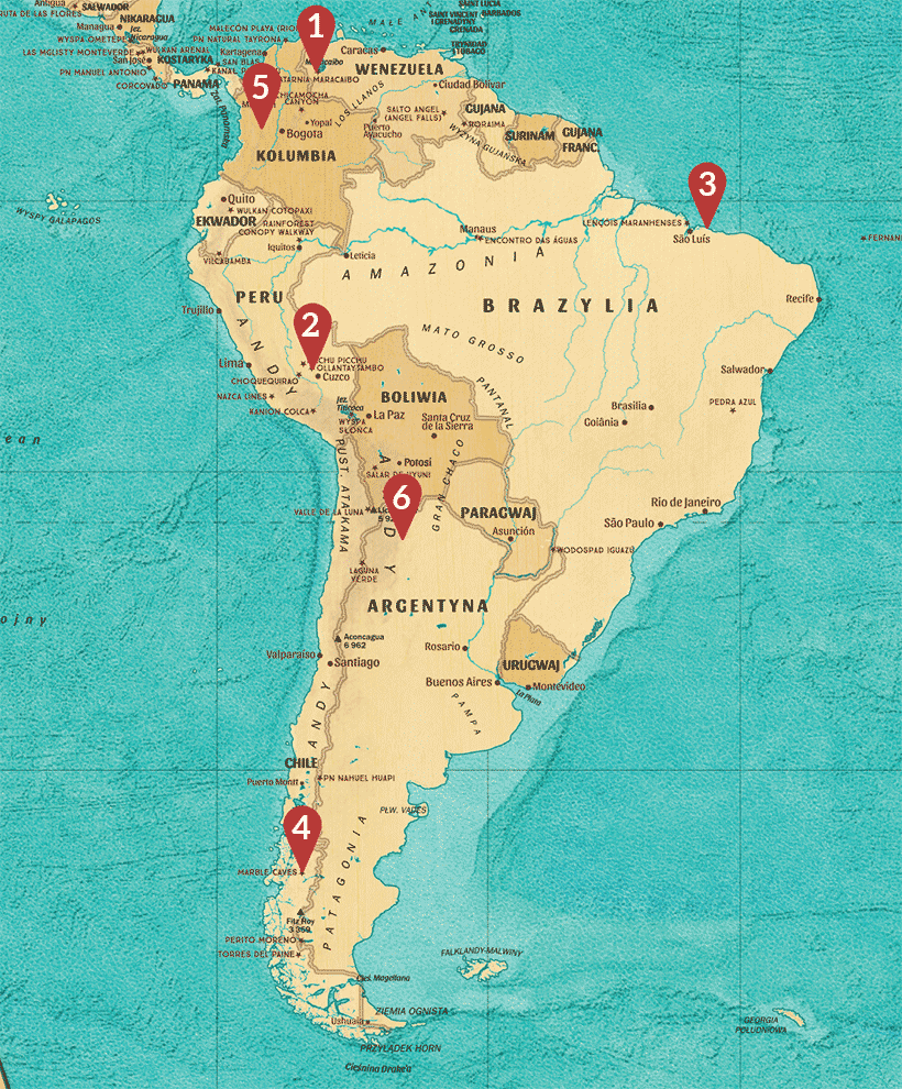 Zaznaczone miejsca na mapie Ameryki Południowej