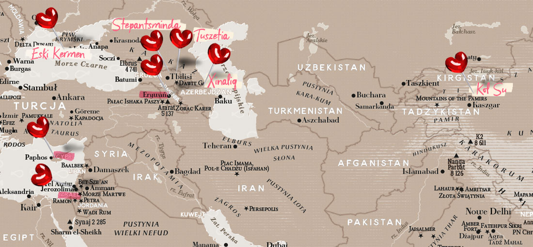 Bliski Wschód na mapie świata - zaznaczone miejsca