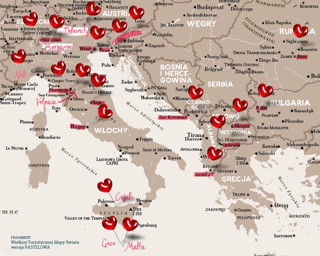 Fragment mapy świata z zaznaczonymi miejscami - Europa południowa