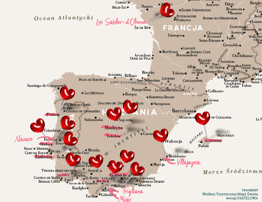 Fragment mapy świata z zaznaczonymi miejscami - Półwysep Iberyjski