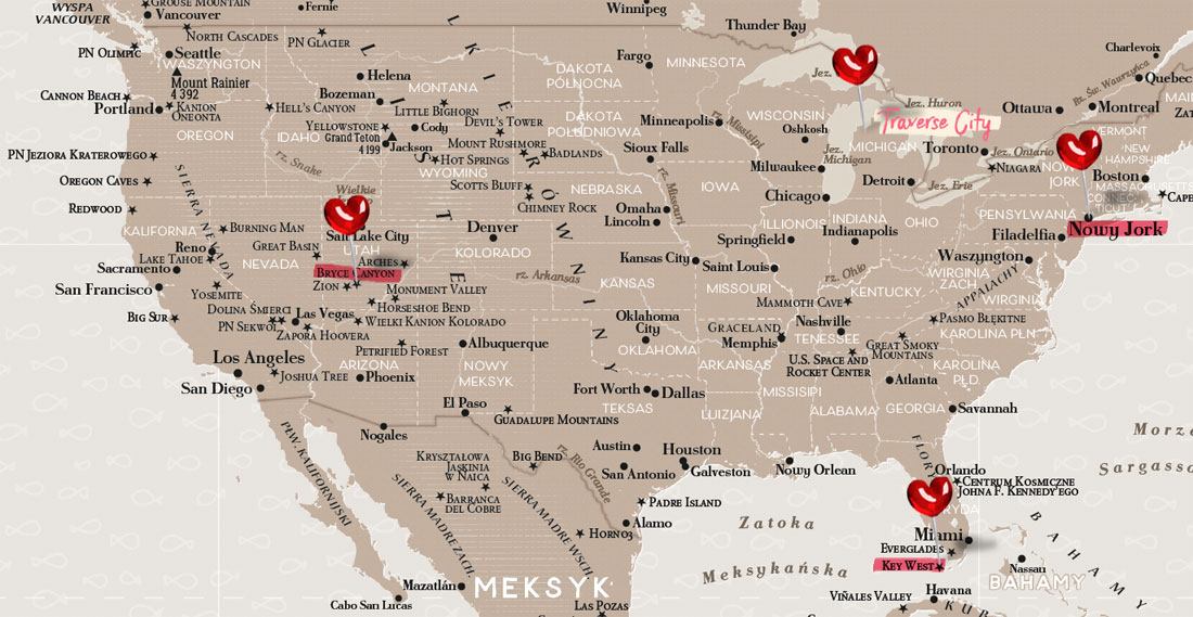 Stany Zjednoczone na mapie - zaznaczone miejsca