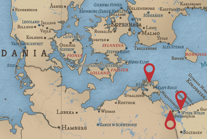 Wyspy Wolin, Uznam i Rugia zaznaczone na mapie