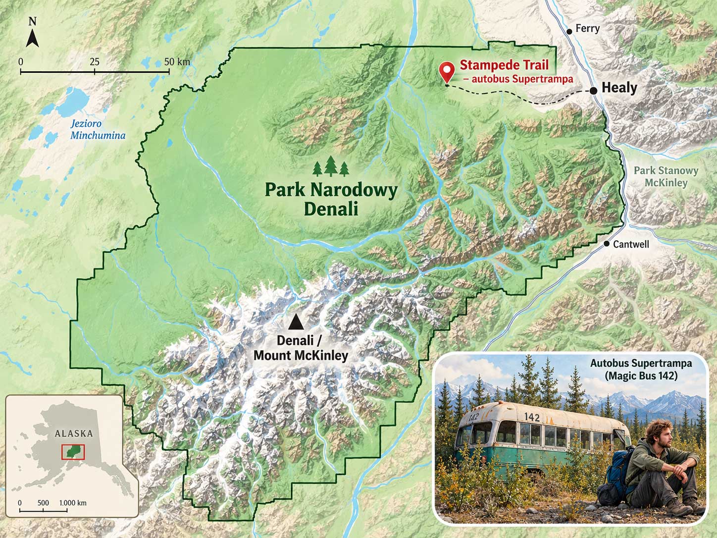 Mapka PN Denali oraz położenie autobusu Alexandra Supertrumpa (Into The Wild)