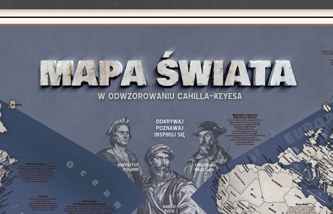 Mapa świata dla nastolatka, na ścianę, w odwzorowaniu Cahilla-Keyesa