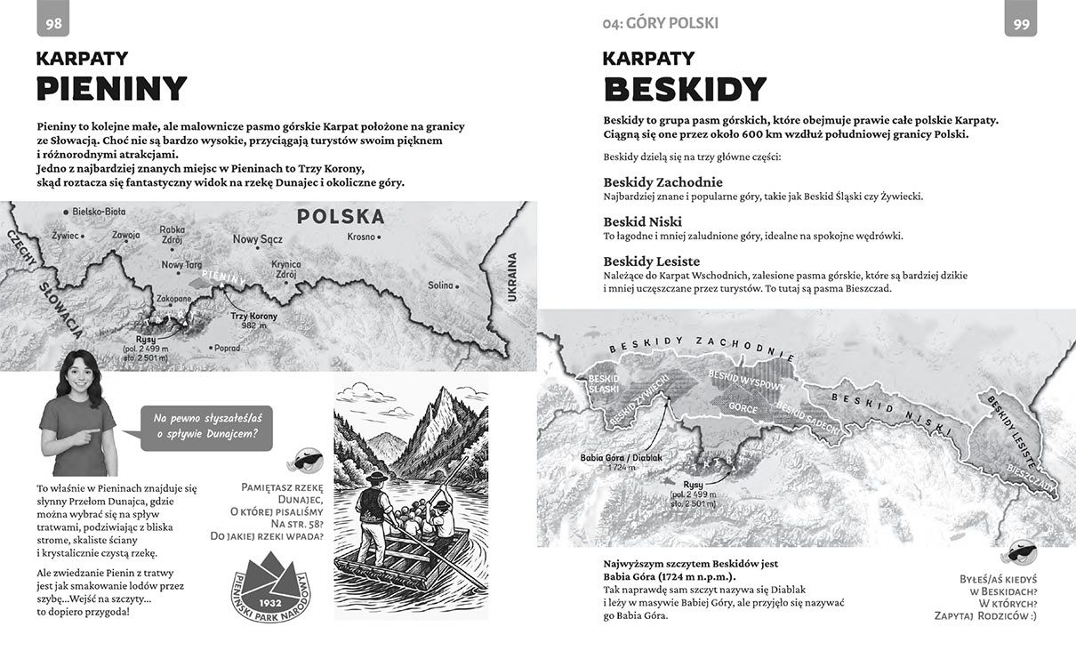 Wnętrze książki „Polska w małym paluszku” – góry Pieniny i Beskidy z mapami i opisami atrakcji