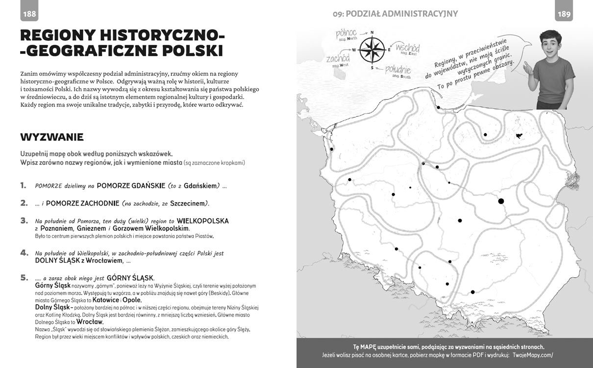 Strona z książki „Polska w małym paluszku” – regiony historyczno-geograficzne Polski z mapą i zadaniami do uzupełnienia